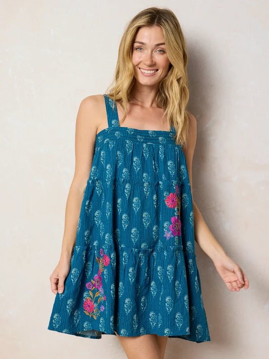 Embroidered Kate Mini Dress - Block Stamp Indigo-view 1