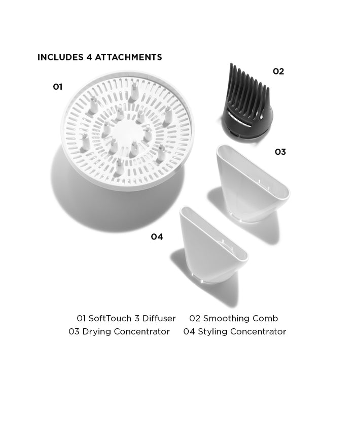 Set of hair styling attachments including SoftTouch 3 Diffuser, Smoothing Comb, Drying Concentrator, and Styling Concentrator on a white background.
