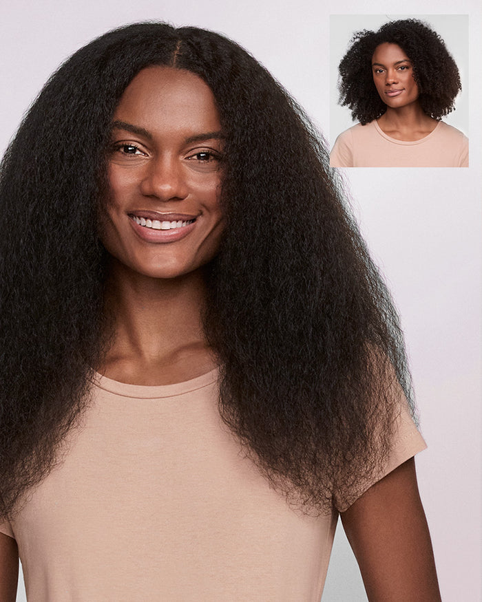 Woman with long, curly hair wearing a beige top, with a close-up inset of her hair.