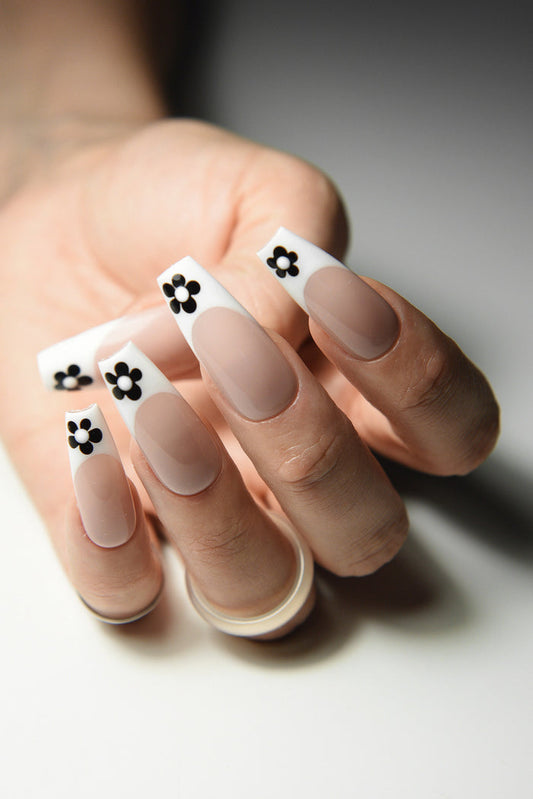 FRENCH WITH FLOWER – Luxury Handmade Reusable Press On Nails