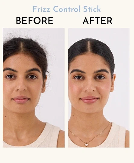 Before and after comparison of a woman using Frizz Control Stick + Frizz Finishing Wand Duo
