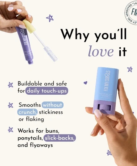Promotional image of Frizz Control Stick + Frizz Finishing Wand Duo
 with text highlighting its features