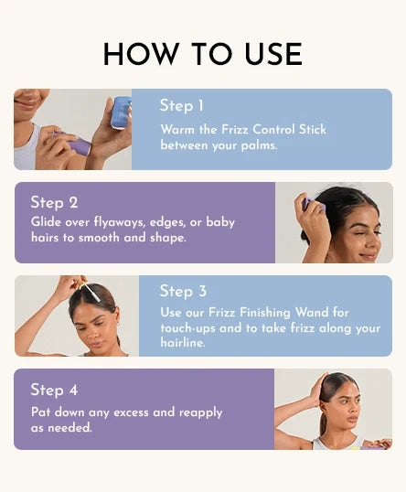 Instructions on how to use Frizz Control Stick + Frizz Finishing Wand Duo with step-by-step guidance and images of a person using the product.