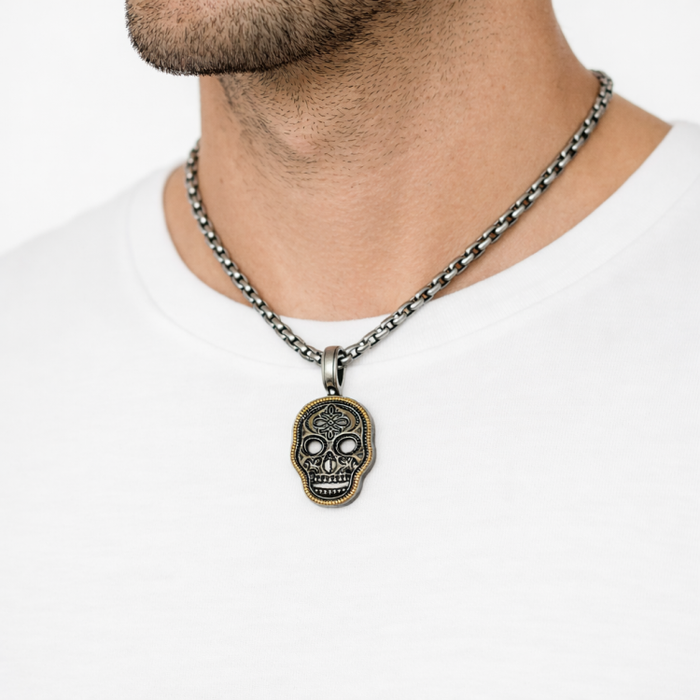 Gold and Silver Pave Skull Pendant and Chain