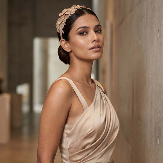 Gold embellished headband with 3D floral embroidery, rhinestones and handcrafted detailing