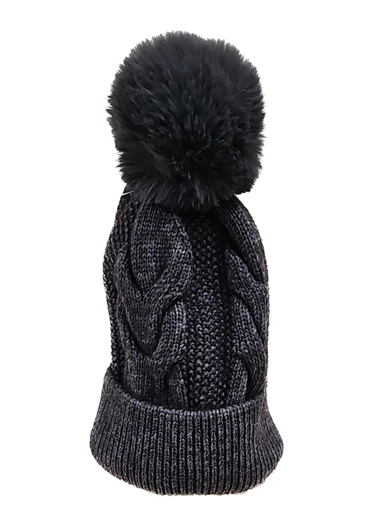 Grey Cable Knit Pom Pom Hat