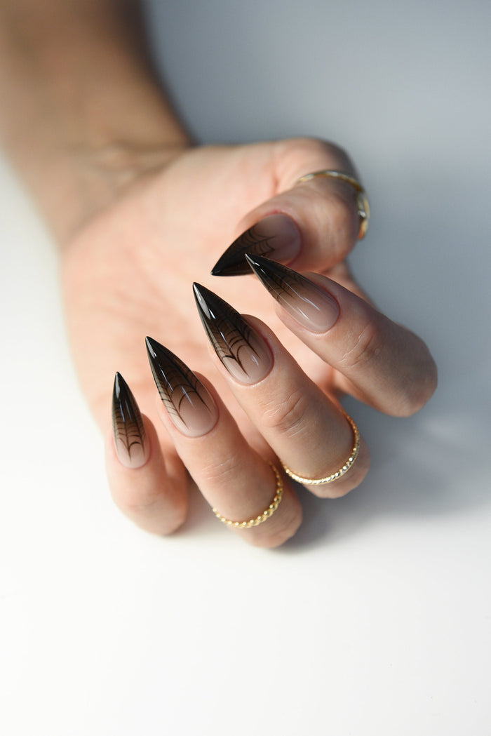 HALLOWEEN SPIDERWEB OMBRE hard gel press on nails, fake nails for autumn, acrylic salon quality set of 10 nails, spooky nude horror stiletto – Luxury Handmade Reusable Press On Nails