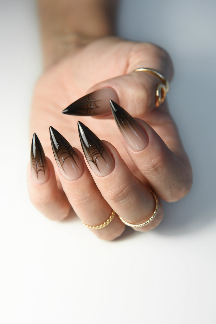 Halloween Spiderweb Press-On Nails – Nude Ombre Stiletto, Spooky Handmade & Reusable