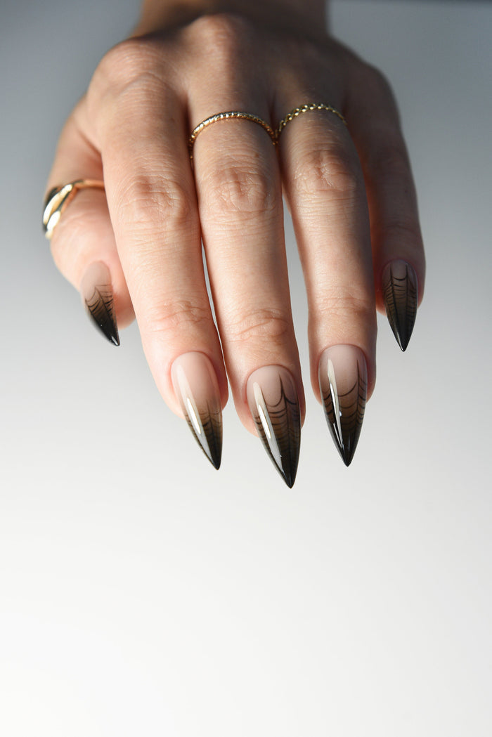 Halloween Spiderweb Press-On Nails – Nude Ombre Stiletto, Spooky Handmade & Reusable