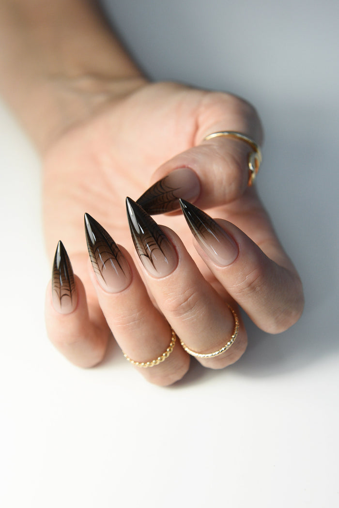 Halloween Spiderweb Press-On Nails – Nude Ombre Stiletto, Spooky Handmade & Reusable