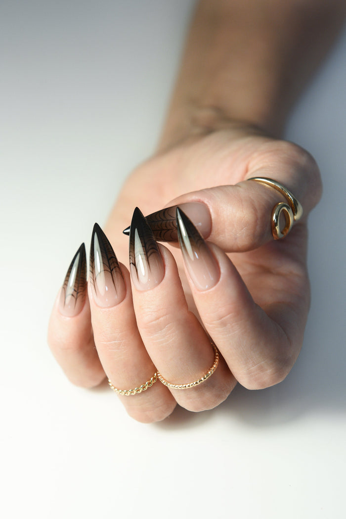 Halloween Spiderweb Press-On Nails – Nude Ombre Stiletto, Spooky Handmade & Reusable