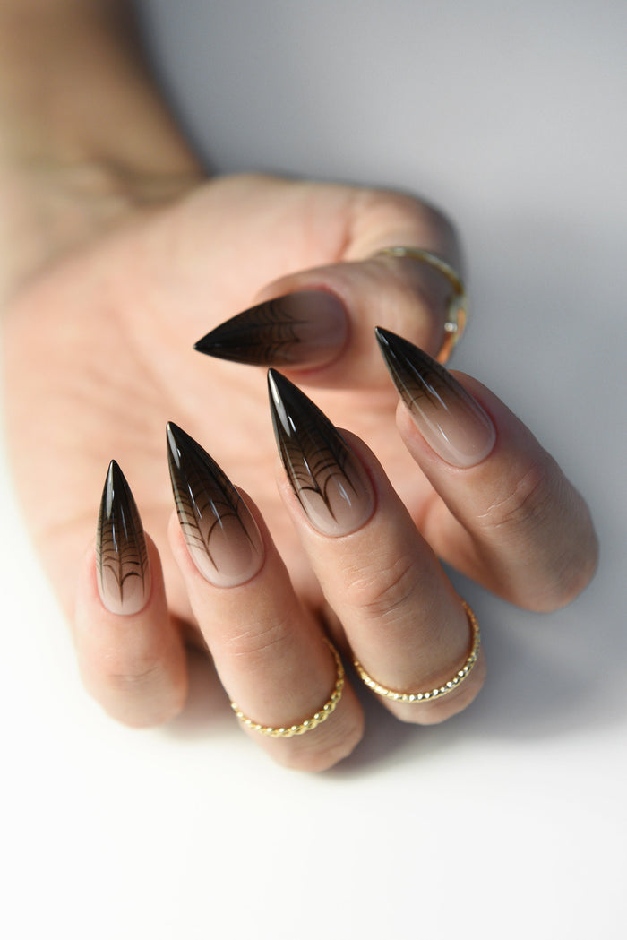 Halloween Spiderweb Press-On Nails – Nude Ombre Stiletto, Spooky Handmade & Reusable