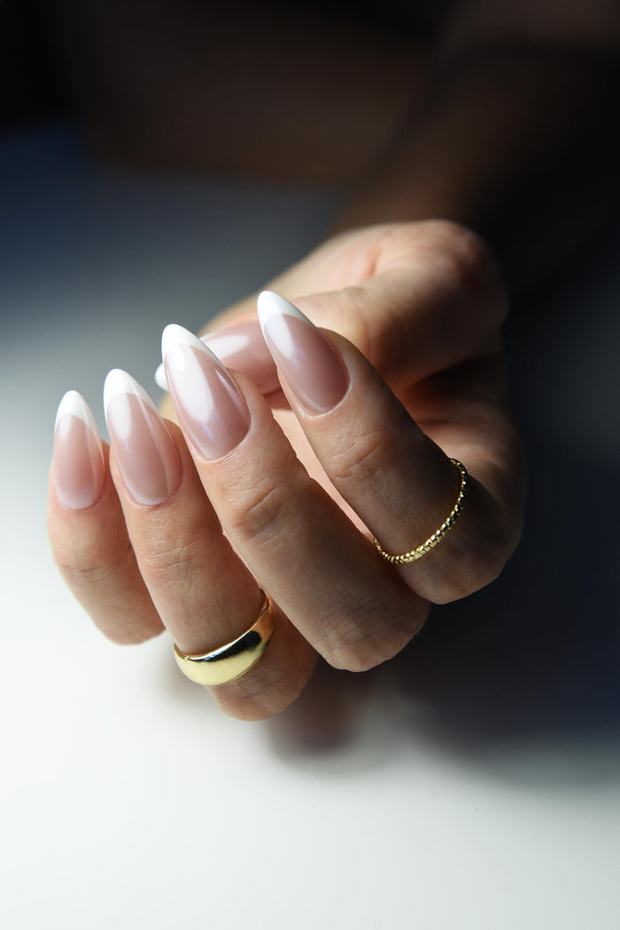 Handmade Chrome French Pearl Reusable Press‑On Nails – Long Custom Gel Nail Set for Wedding & First Date