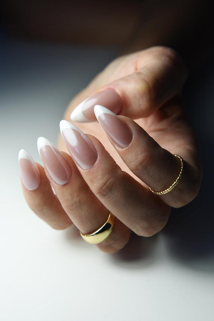 Handmade Chrome French Pearl Reusable Press‑On Nails – Long Custom Gel Nail Set for Wedding & First Date