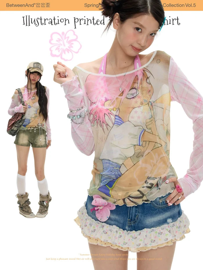 Illustration printed mesh cover sheer shirt top