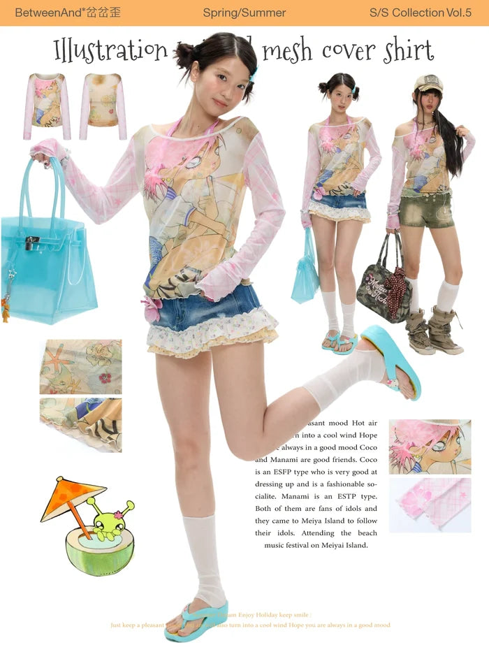 Illustration printed mesh cover sheer shirt top
