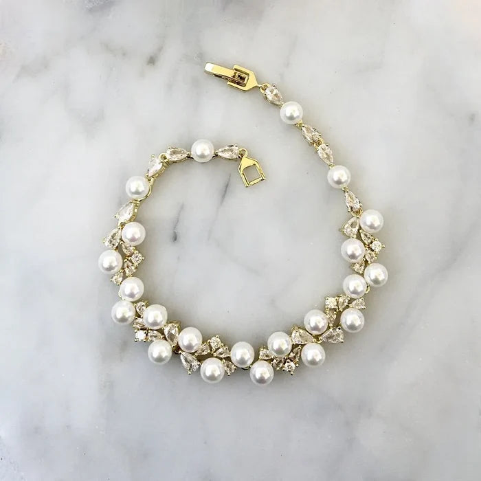 Pearl Wedding Jewelry - Pearl and Cubic Zirconia Bridal Bracelet - Available in Gold and Silver