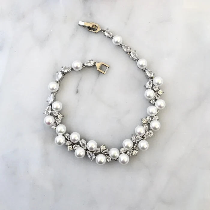 Pearl Wedding Jewelry - Pearl and Cubic Zirconia Bridal Bracelet - Available in Gold and Silver