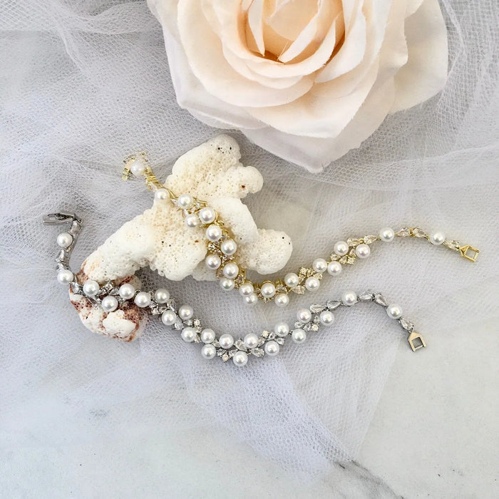 Pearl Wedding Jewelry - Pearl and Cubic Zirconia Bridal Bracelet - Available in Gold and Silver