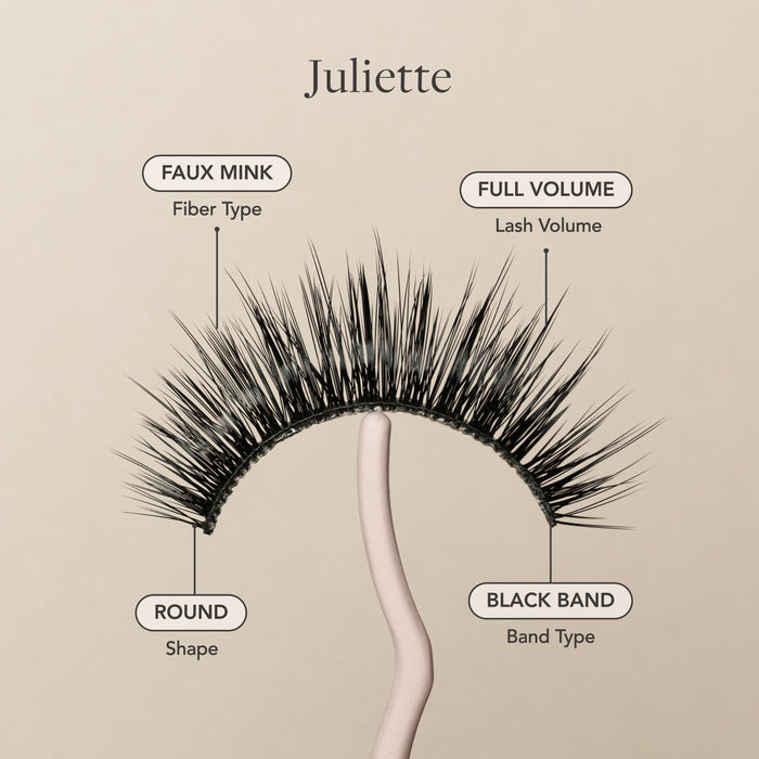 Juliette false eyelash with faux mink fibers, full volume, round shape, and a black lash band.