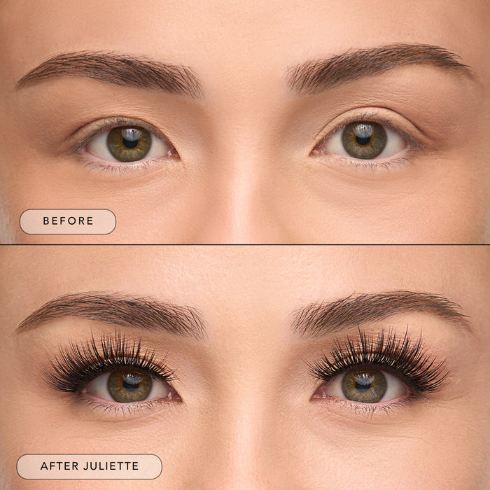 Before and after of a model wearing Juliette lashes,