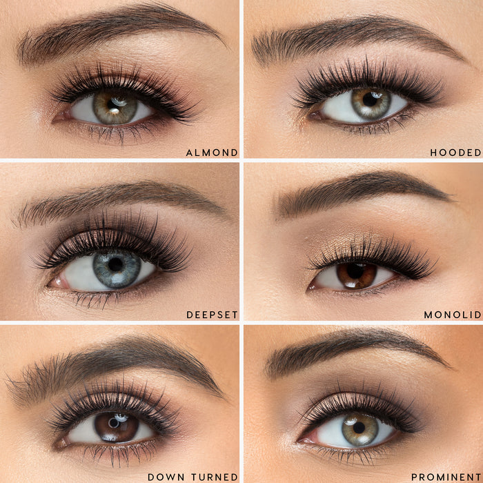Juliette false eyelashes on a almond eye shape, hooded eye shape, deepset eye shape, downturned eye shape, monolid eye shape, and prominent eye shape