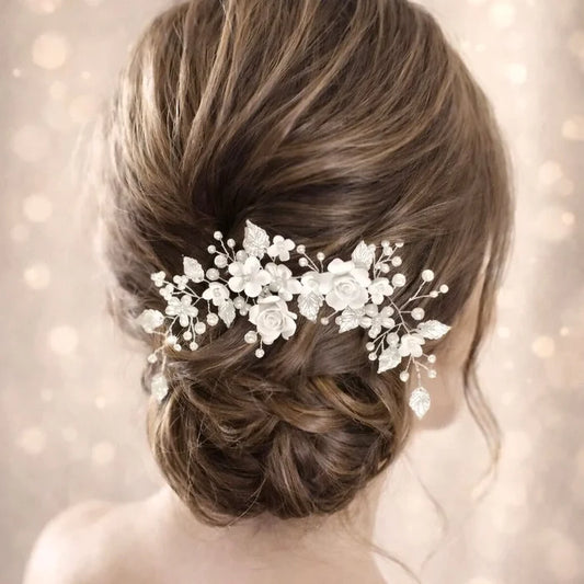 Wedding Hair Accessories - Pearl and Ceramic Flowers Bridal Hair Vine