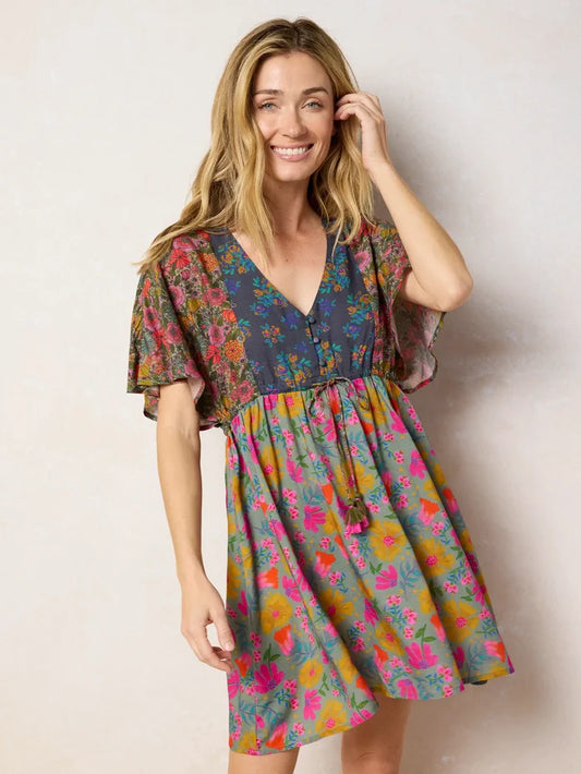 Laney Tie-Waist Mini Dress - Drawn Garden Multi-view 1