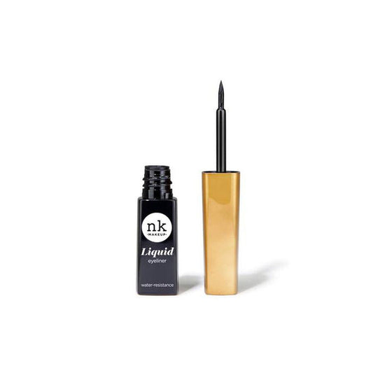 NICKA K waterproof liquid eyeliner with precision brush applicator in deep black bottle and gold cap