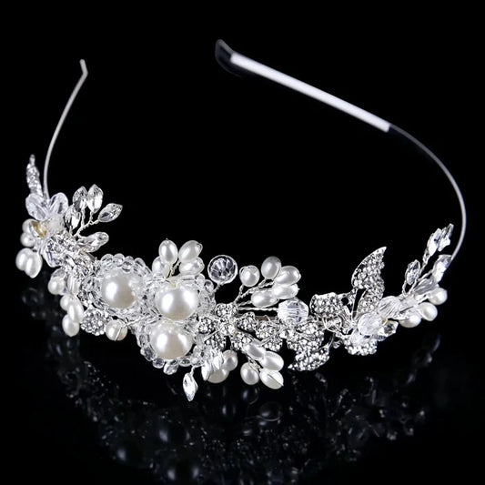Wedding Hair Accessories - Silver Pearl and Crystal Bridal Side-Headband