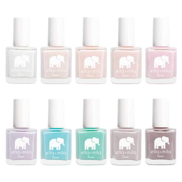 Love Collection 10 nail polish bottles in pinks, nudes, mauve, teal and lavender