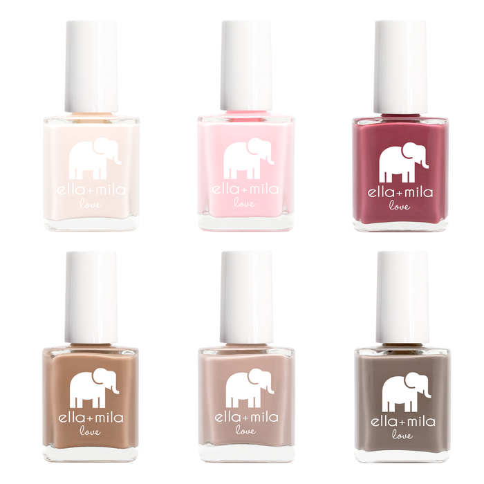 Love Collection 6 nail polish bottles in nude, blush pink, berry, tan, taupe and brown