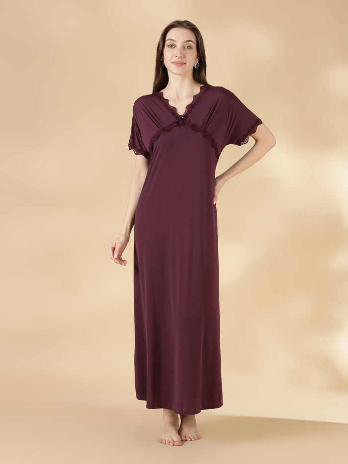 Malai satin designer nightwear for women in dark purple