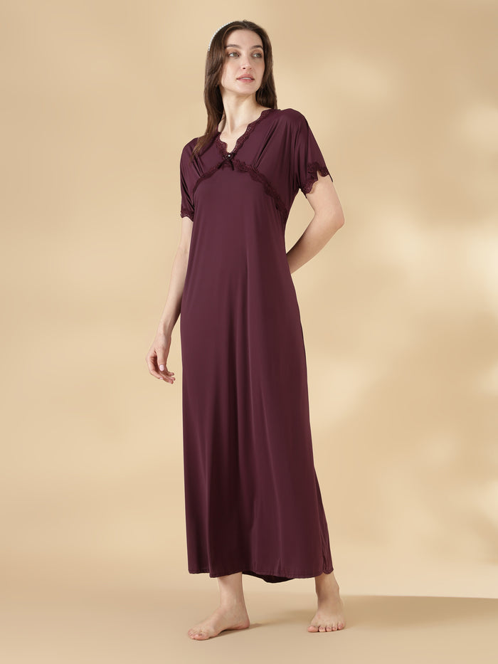 Malai satin designer nightwear for women in dark purple