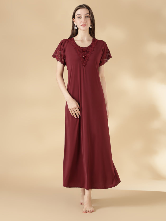 Malai lace modern nighty for women In burgundy