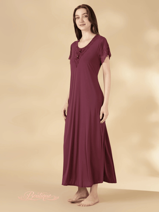 Malai A Line Nighty for Women with Lace Neck Mauve