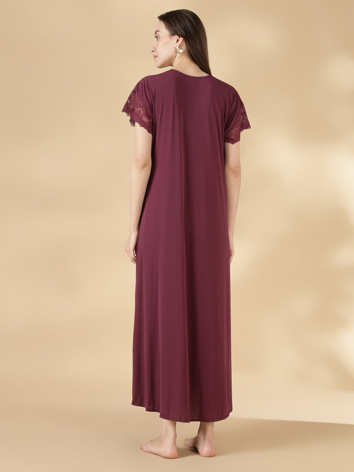 Wine red malai lace best nighty for women