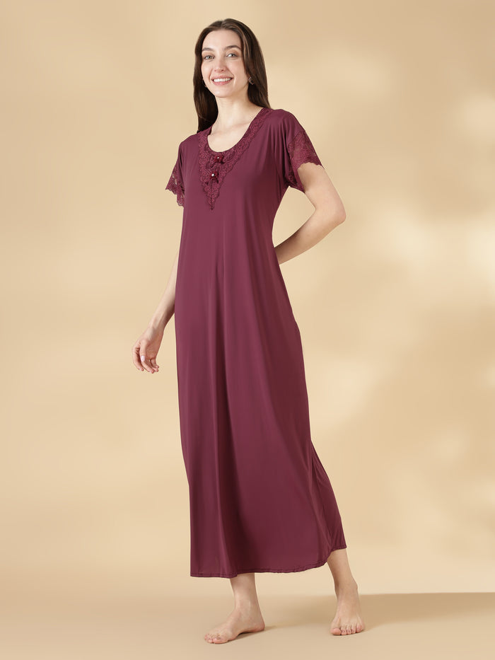 Wine red malai lace best nighty for women