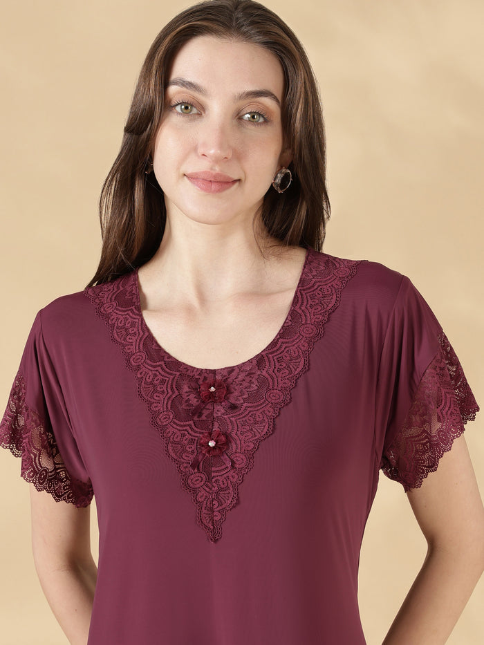 Wine red malai lace best nighty for women
