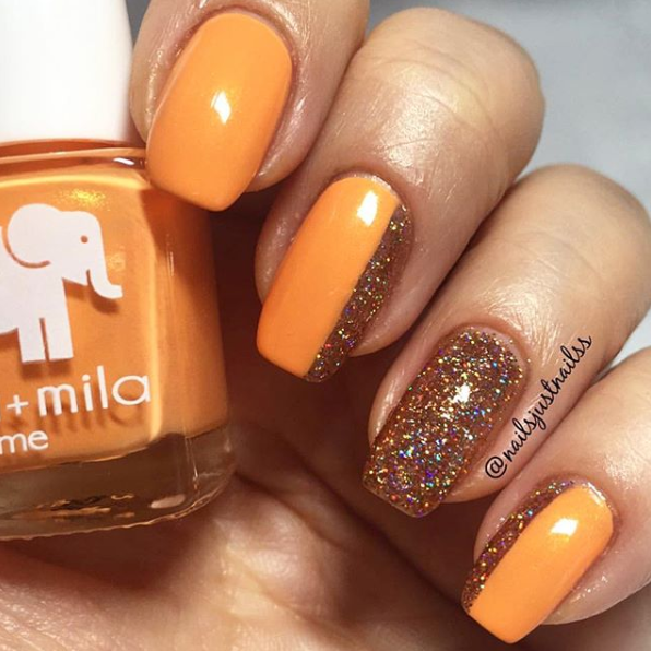 Mango Pop orange nail polish manicure with a gold glitter accent nail