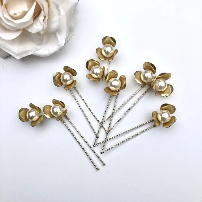 Bridal Hair Accessories - Gold Pearl Bridal Hair Pins - Set of 5