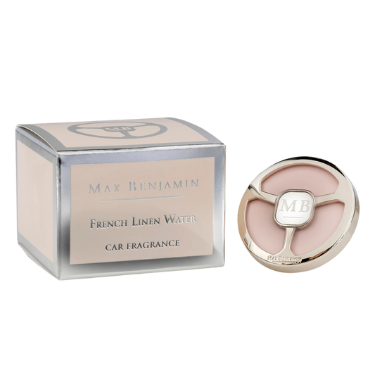 Max Benjamin French Linen Water car fragrance with packaging on a white background