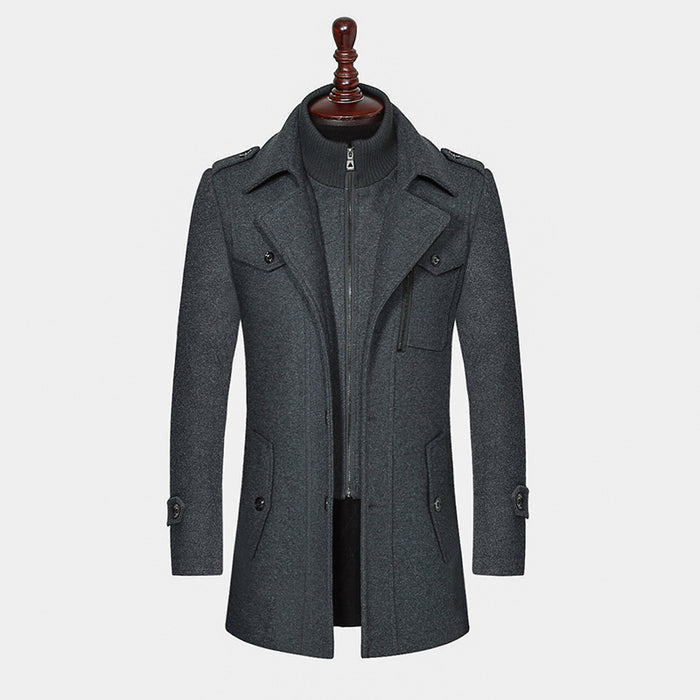 Men's Double Collar Woolen Coat - Vertical Zipper Business Jacket