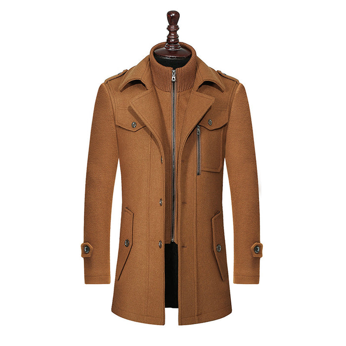 Men's Double Collar Woolen Coat - Vertical Zipper Business Jacket