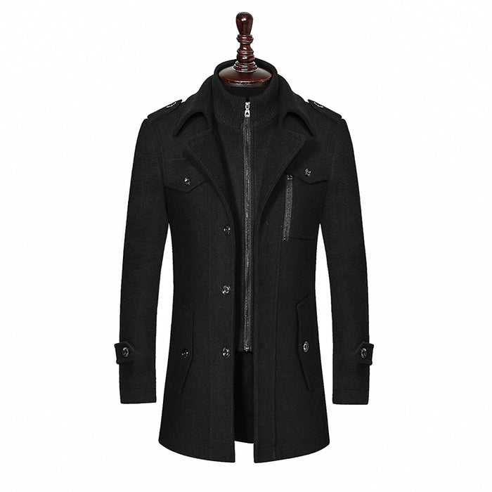 Men's Double Collar Woolen Coat - Vertical Zipper Business Jacket