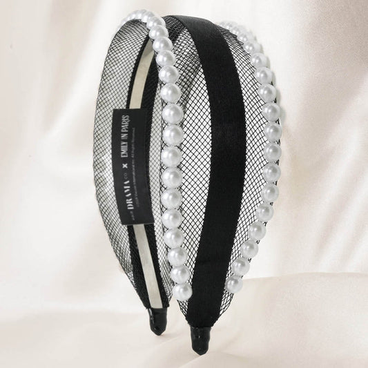 Mesh Hair Band with Pearls & Ribbon - Black