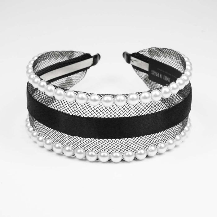 Mesh Hair Band with Pearls & Ribbon - Black