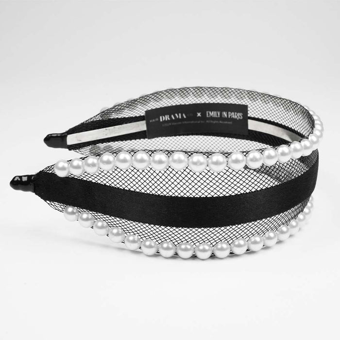 Mesh Hair Band with Pearls & Ribbon - Black