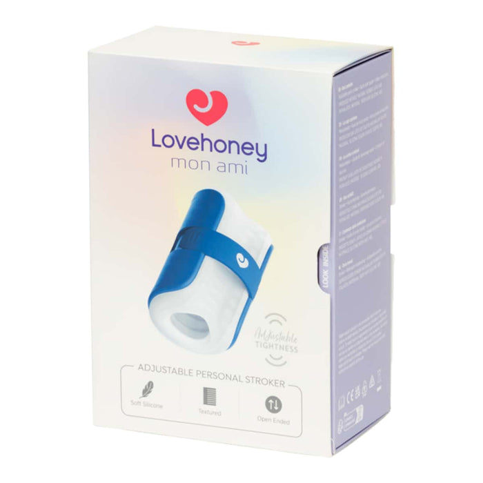Box of Lovehoney mon ami adjustable personal stroker on a white background.