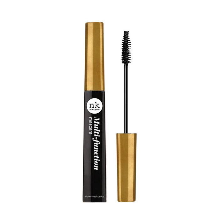 NICKA K multi function mascara with gold cap and black tube featuring a brush applicator